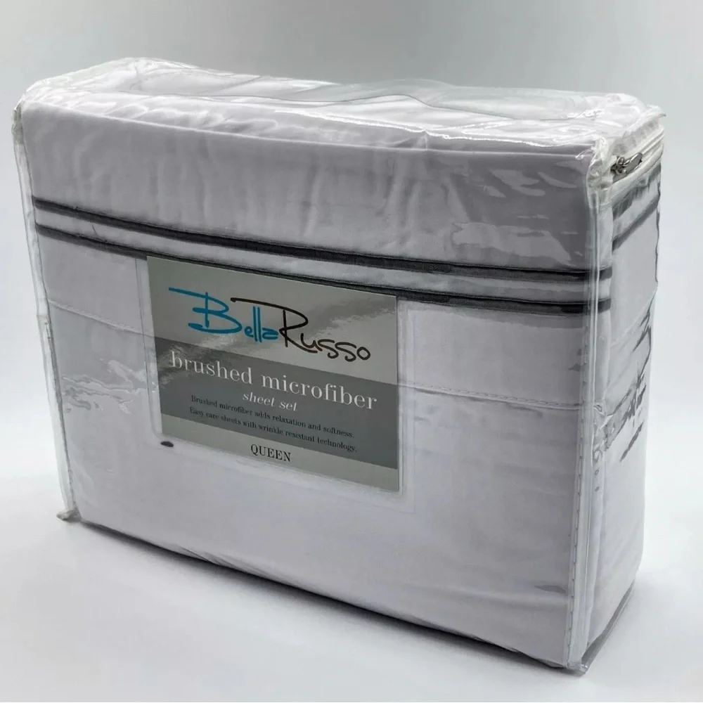 Bella Russo Brushed Microfiber Queen Sheet Set White Wrinkle Resistant Polyester